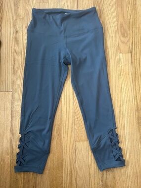 Yogalicious Blue Capri Leggings with Criss-Cross Cutouts On Legs - Blue - Small